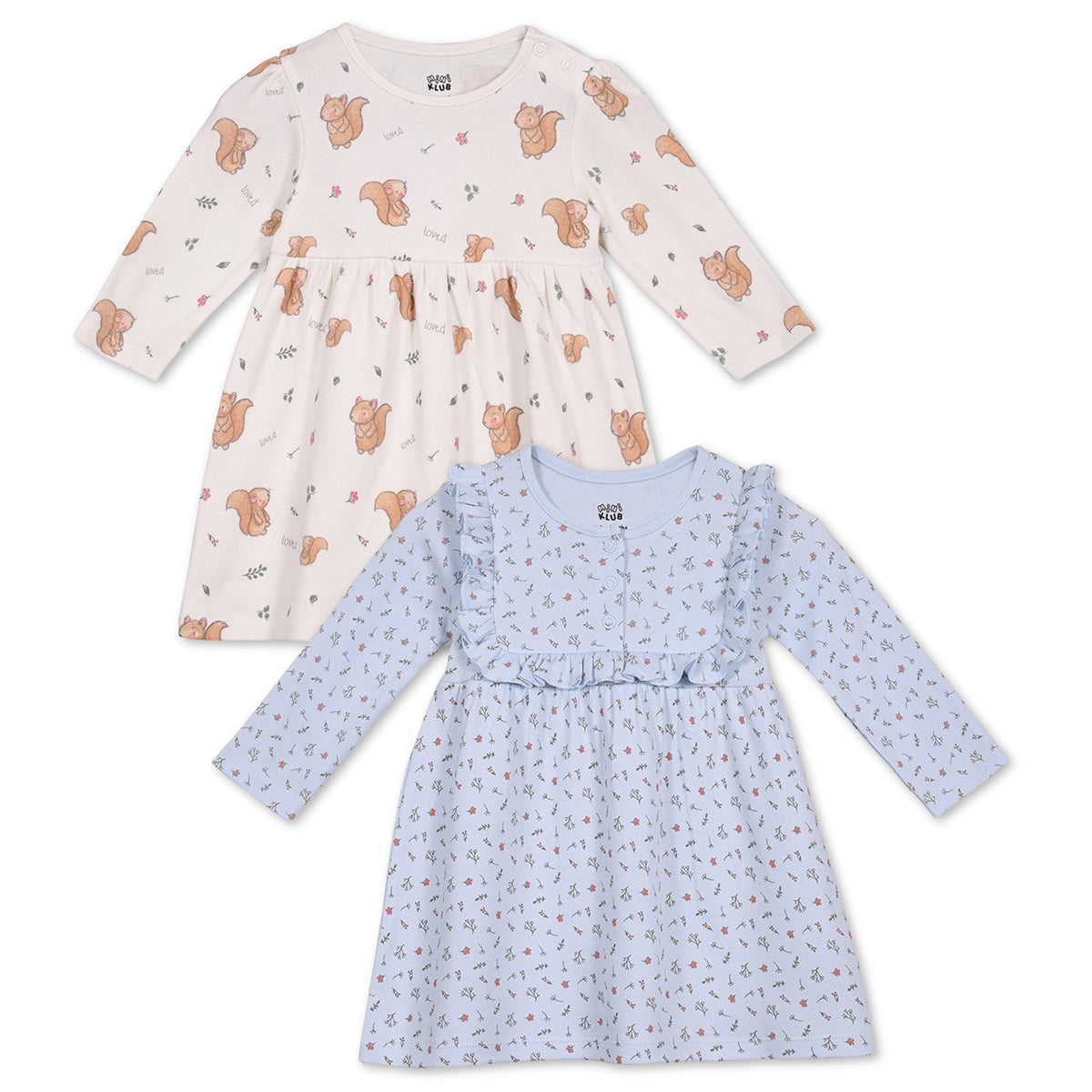 Girls Cotton Pack Of 2 Full Sleeves Animal & Floral Printed Dress - White & Blue
