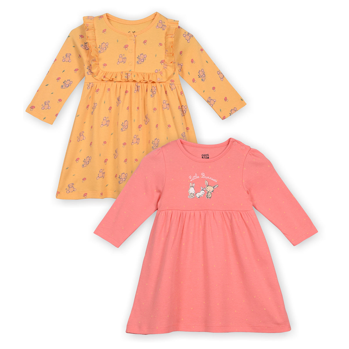 Girls Cotton Pack Of 2 Full Sleeves Animal Printed Dress - Mustard Yellow & Peach