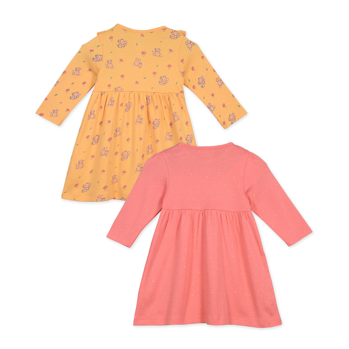 Girls Cotton Pack Of 2 Full Sleeves Animal Printed Dress - Mustard Yellow & Peach