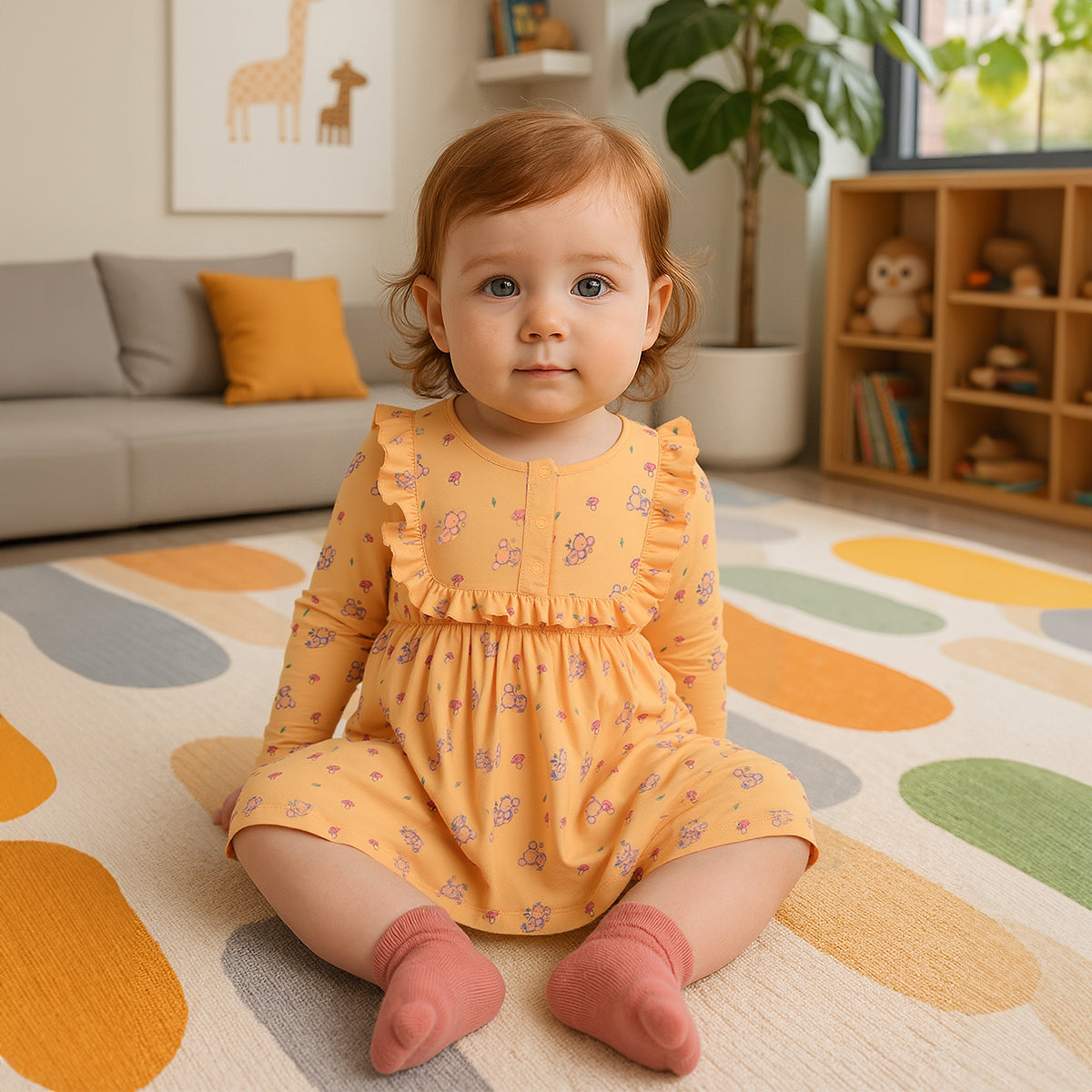 Girls Cotton Pack Of 2 Full Sleeves Animal Printed Dress - Mustard Yellow & Peach