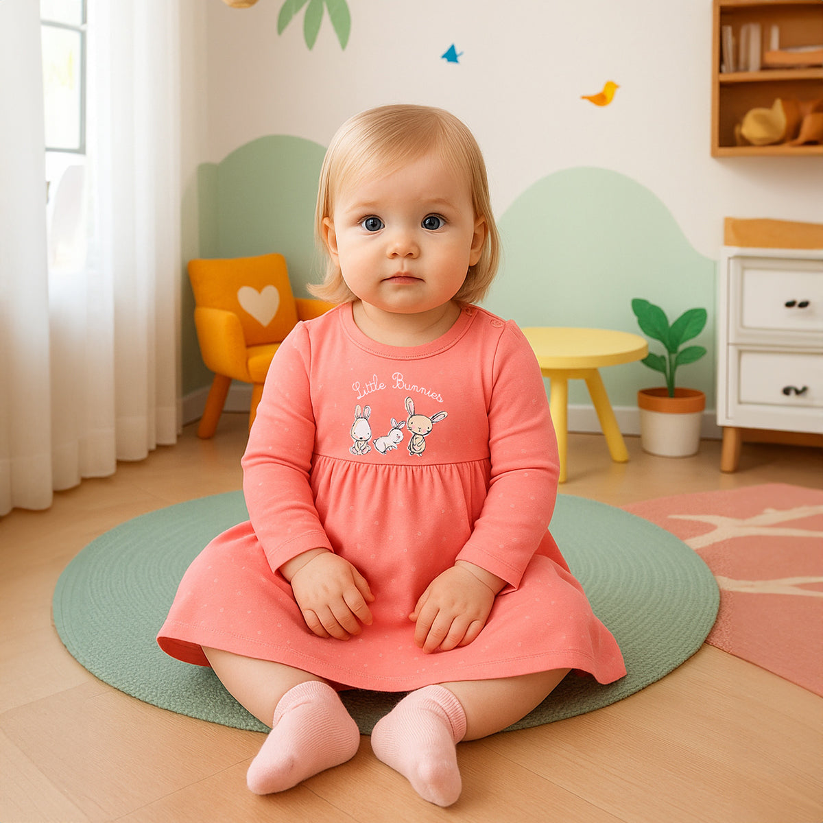 Girls Cotton Pack Of 2 Full Sleeves Animal Printed Dress - Mustard Yellow & Peach