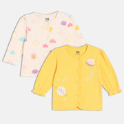 Girls Cotton Pack Of 2 Full Sleeves Clouds & Planets Printed Front Open Vests - Pink & Yellow