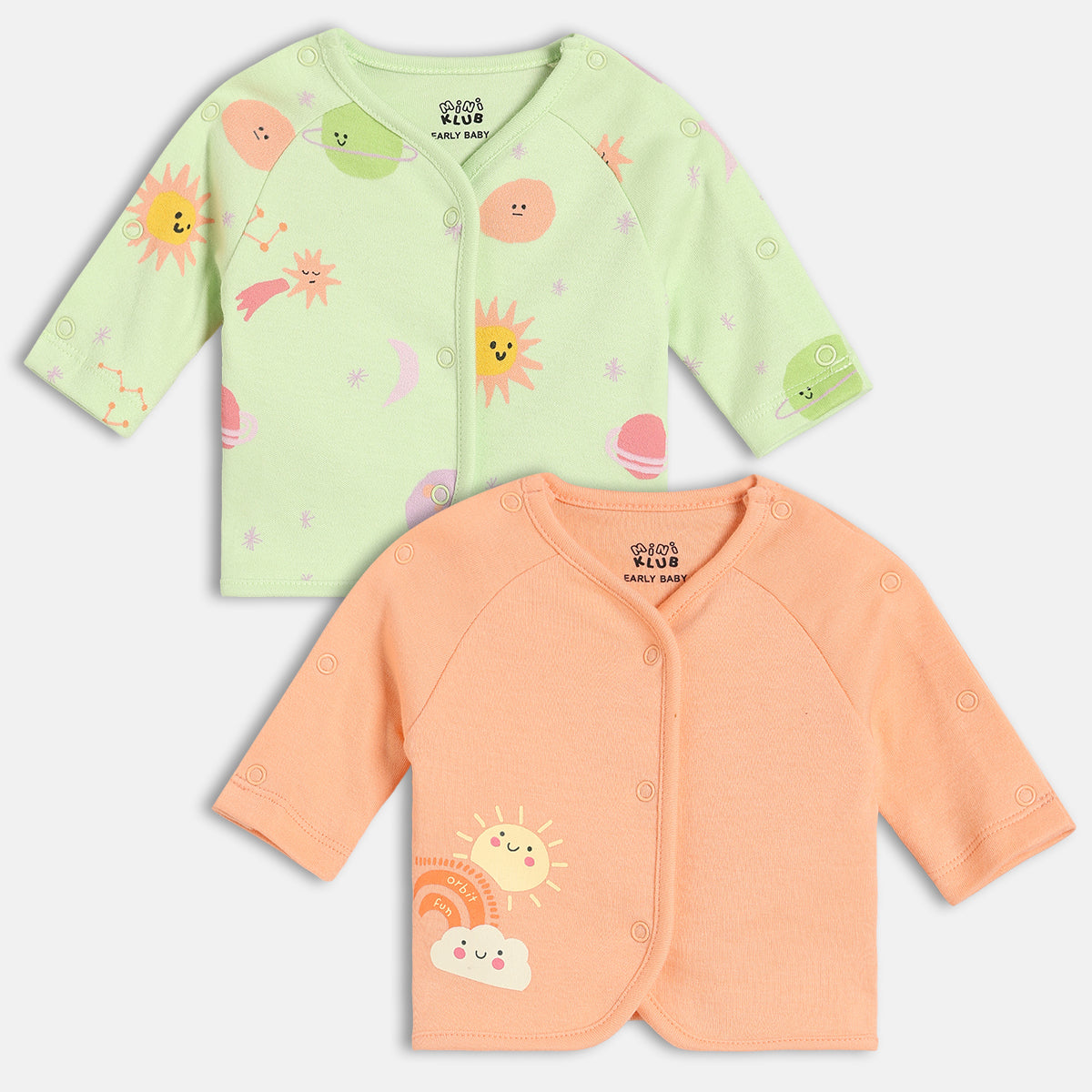 Girls Cotton Pack Of 2 Full Sleeves Sun Printed Front Open Vests - Green & Peach