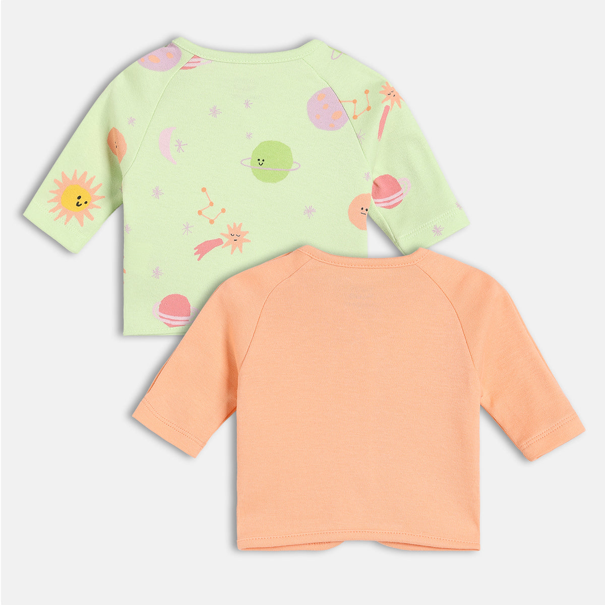 Girls Cotton Pack Of 2 Full Sleeves Sun Printed Front Open Vests - Green & Peach