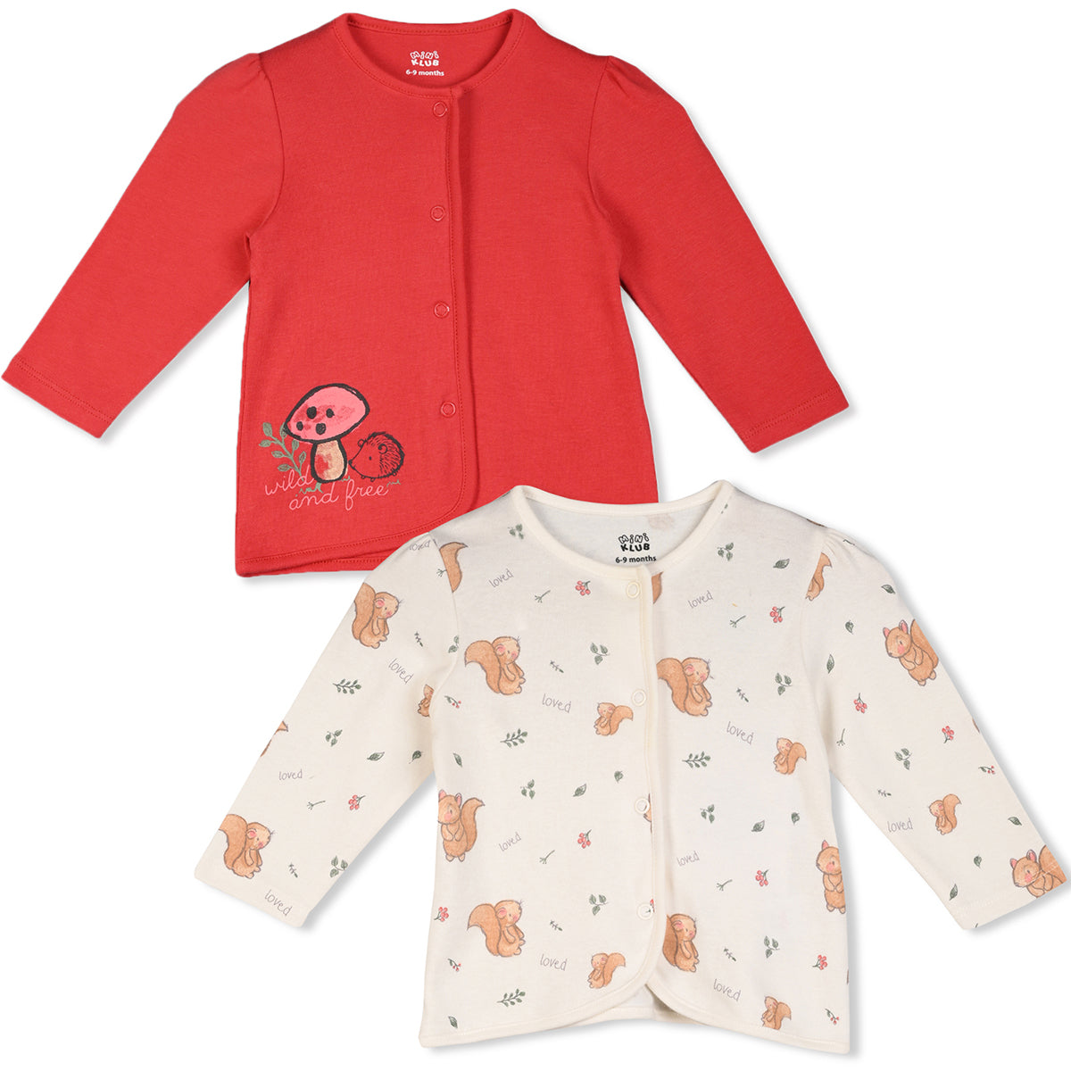 Girls Cotton Pack Of 2 Full Sleeves Animal Printed Front Open Vests - Red & White