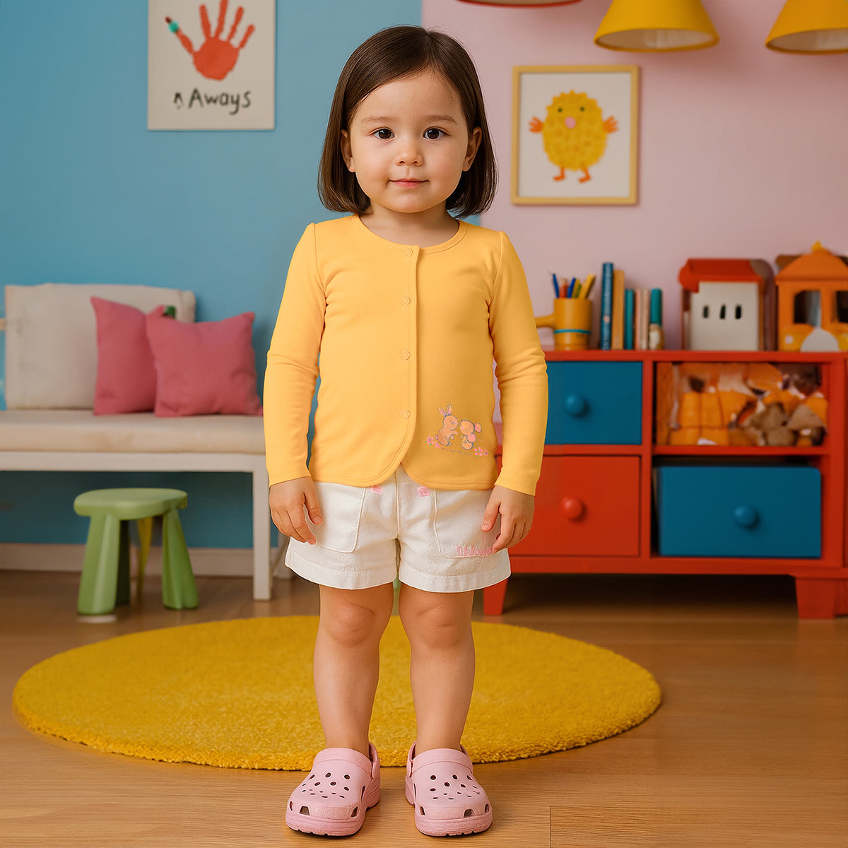 Pink/Yellow Newborn Girls Front Open Full Sleeve Front Open Vest