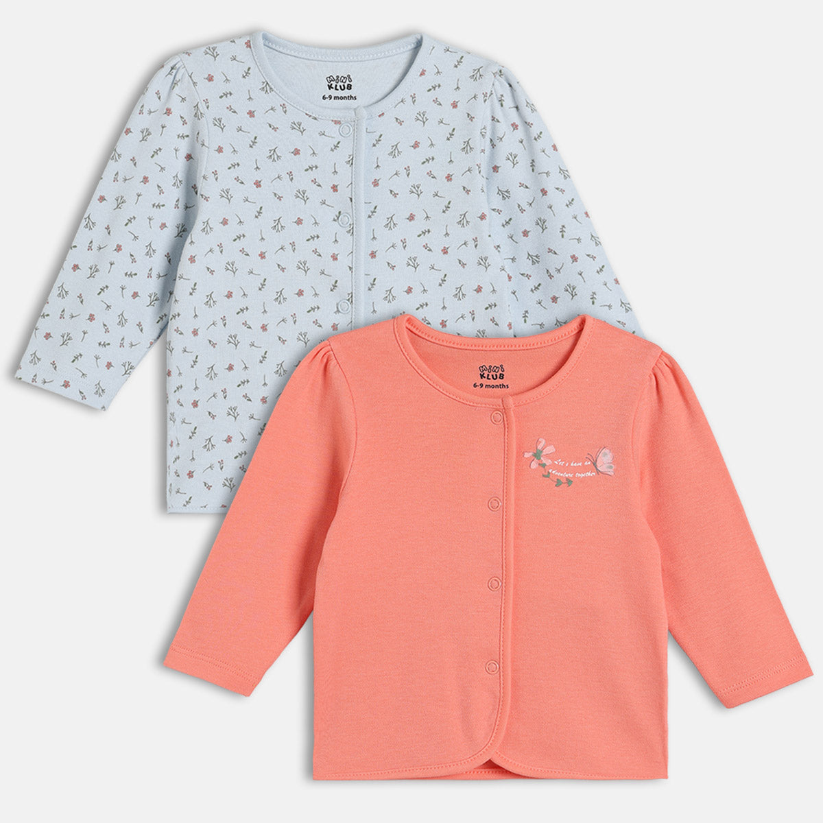 Girls Cotton Pack Of 2 Full Sleeves Floral Printed Front Open Vests - Blue & Peach