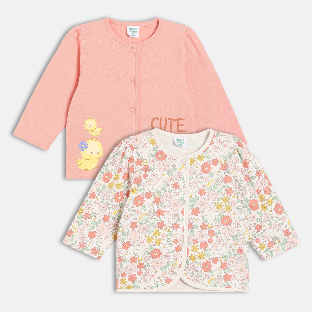 Girls Cotton Pack Of 2 Full Sleeves Animal & Floral Printed Front Open Vests - Peach