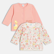 Girls Cotton Pack Of 2 Full Sleeves Animal & Floral Printed Front Open Vests - Peach