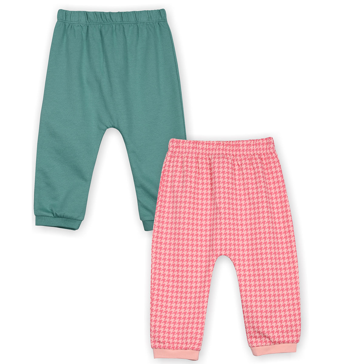 Girls Cotton Pack Of 2 Checked & Solid Knit Bottoms - Teal Green & Pink