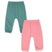 Girls Cotton Pack Of 2 Checked & Solid Knit Bottoms - Teal Green & Pink
