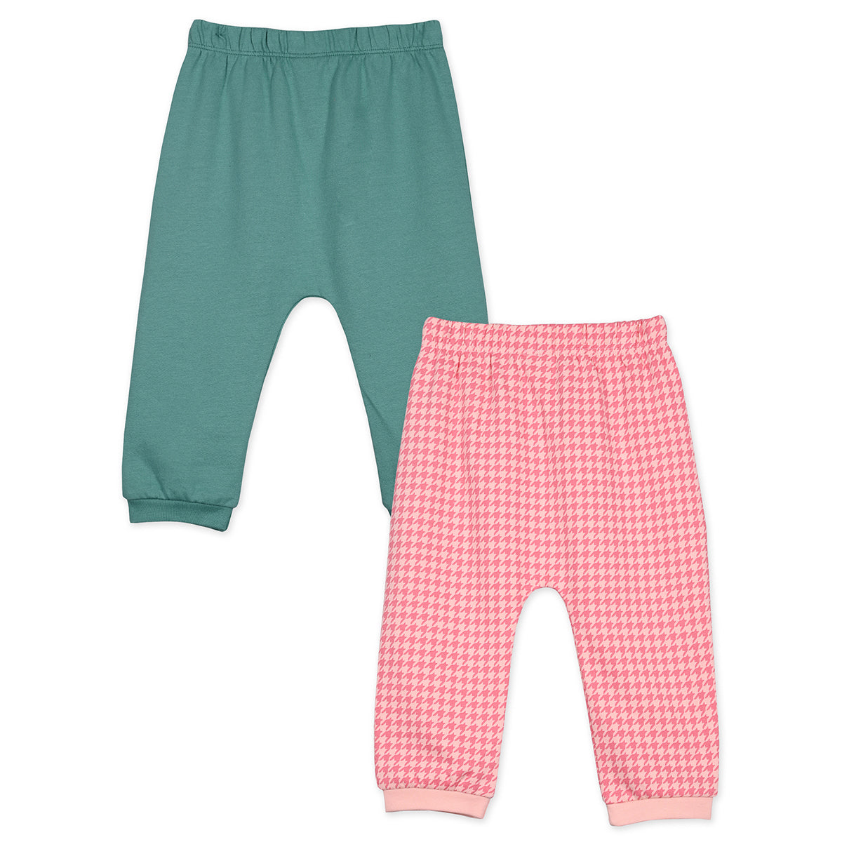 Girls Cotton Pack Of 2 Checked & Solid Knit Bottoms - Teal Green & Pink