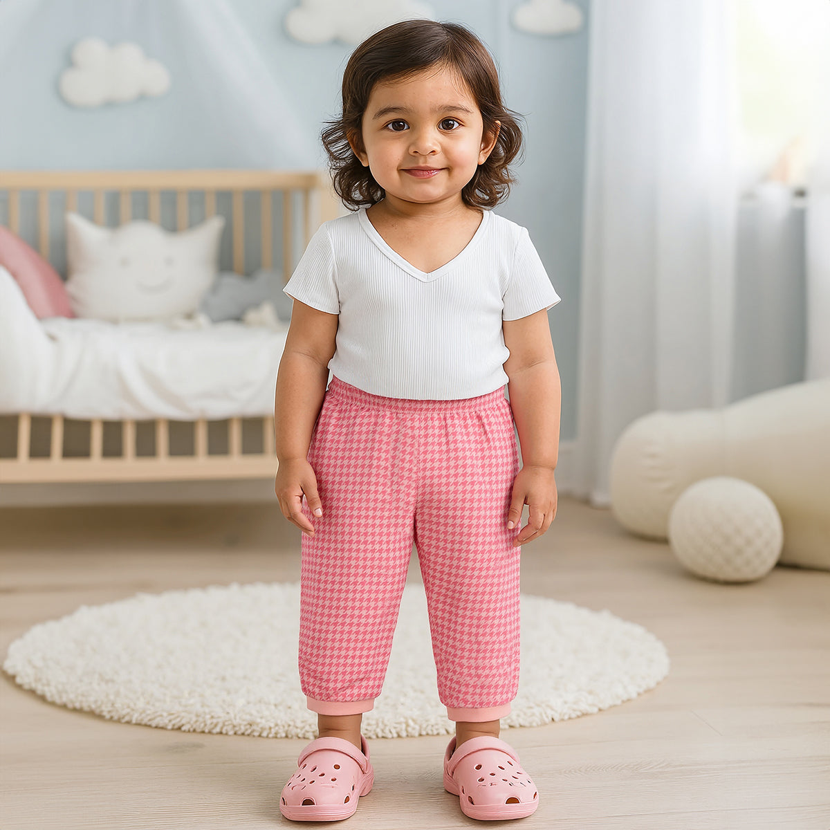 Girls Cotton Pack Of 2 Checked & Solid Knit Bottoms - Teal Green & Pink