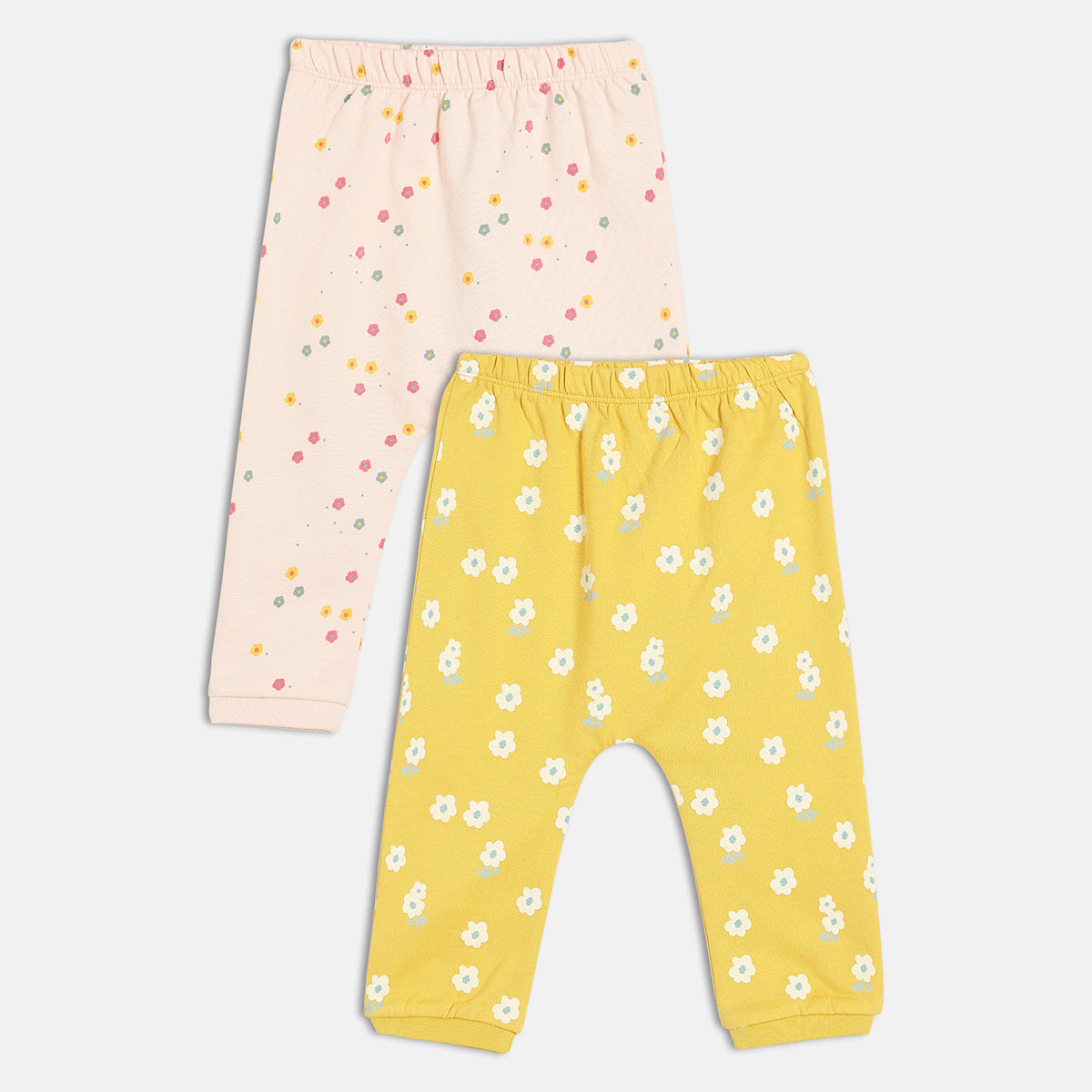 Girls Cotton Pack Of 2 Floral Printed Knit Bottoms - Yellow & Peach
