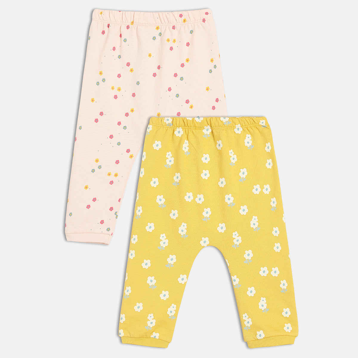 Girls Cotton Pack Of 2 Floral Printed Knit Bottoms - Yellow & Peach