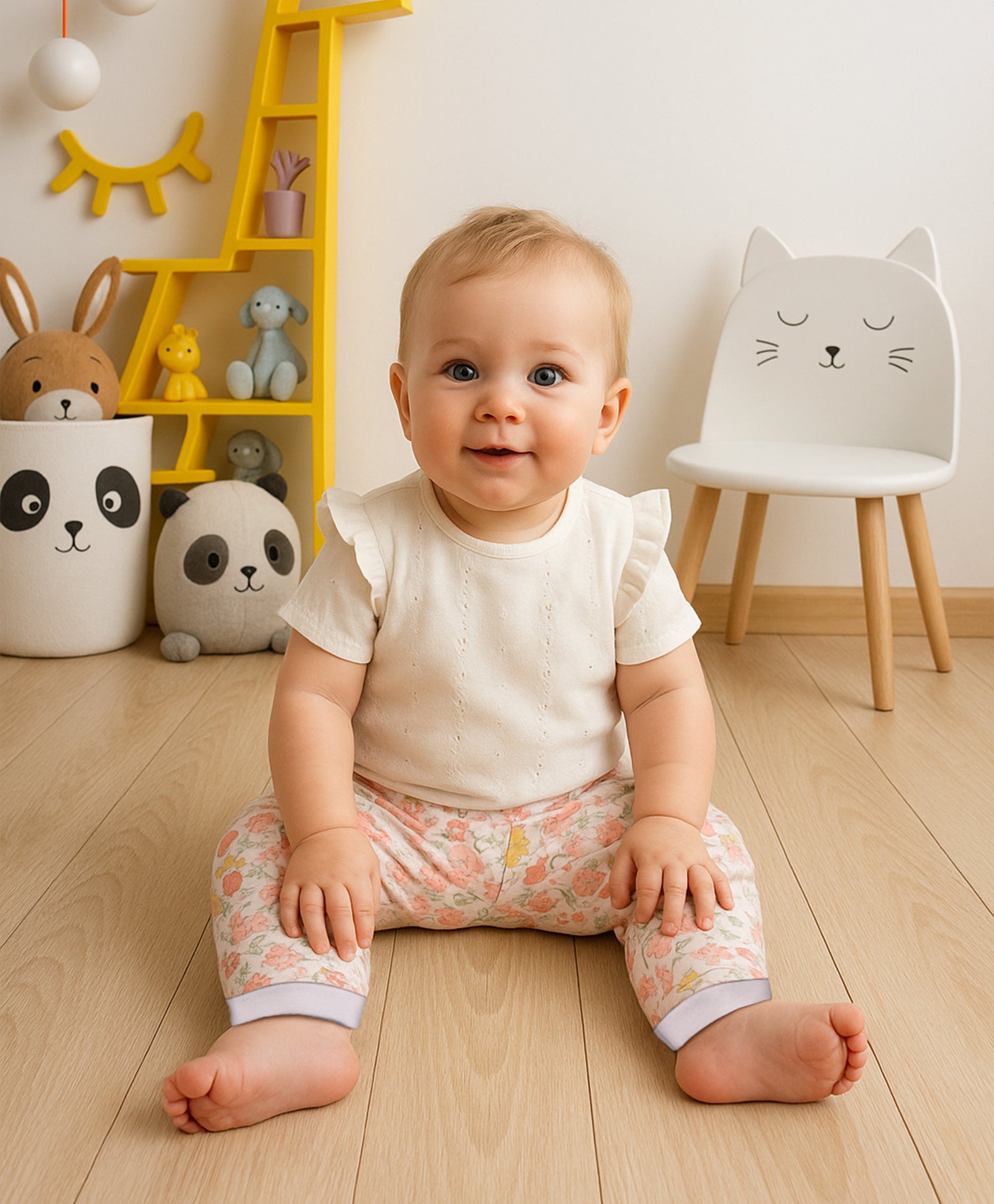 Girls Cotton Pack Of 2 Floral Printed & Solid Knit Bottoms - Peach