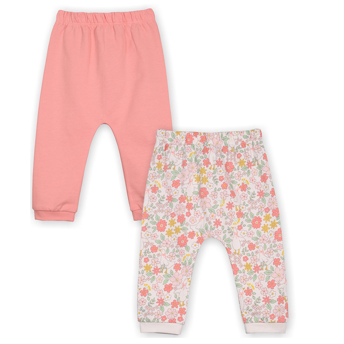 Girls Cotton Pack Of 2 Floral Printed & Solid Knit Bottoms - Peach