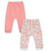 Girls Cotton Pack Of 2 Floral Printed & Solid Knit Bottoms - Peach