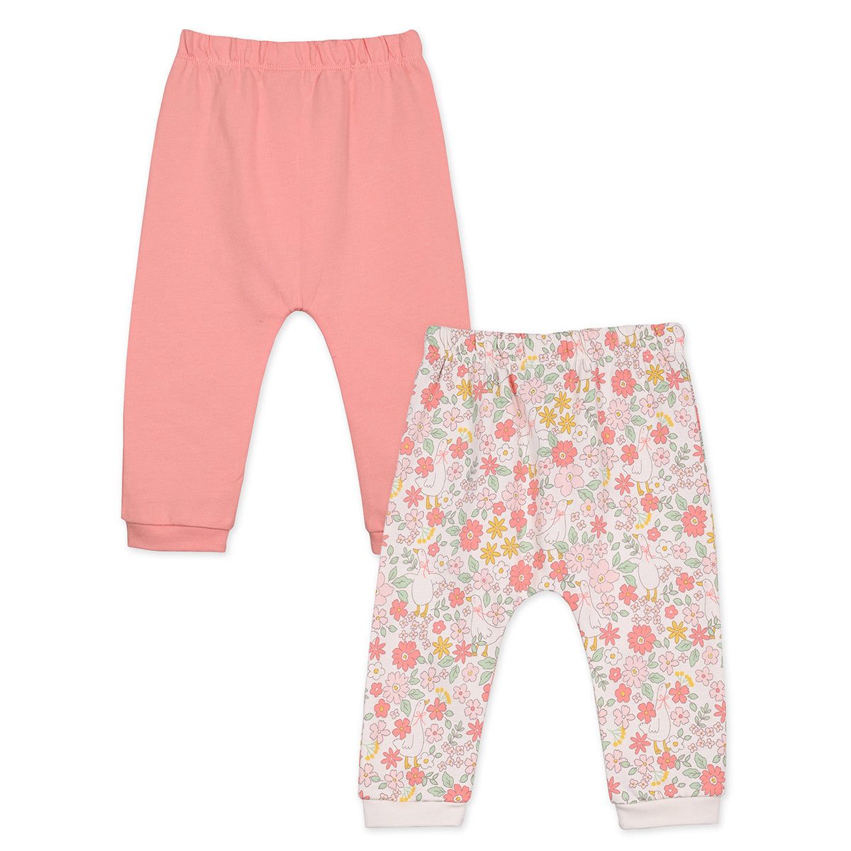 Girls Cotton Pack Of 2 Floral Printed & Solid Knit Bottoms - Peach