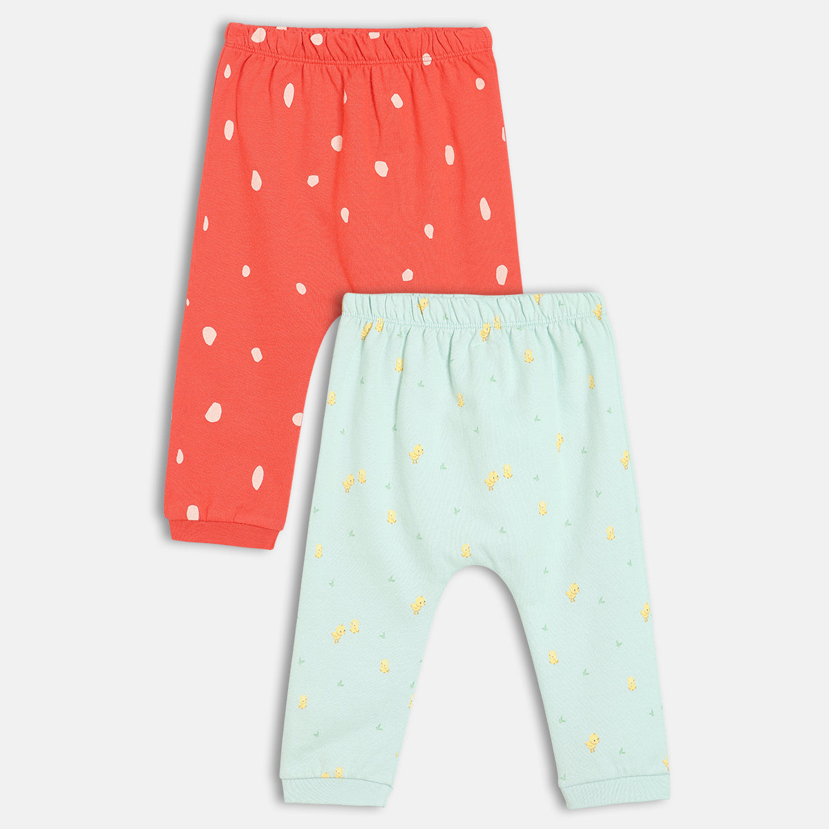 Girls Cotton Pack Of 2 Animal & Polka Dots Printed & Knit Bottoms - Coral & Mint Green