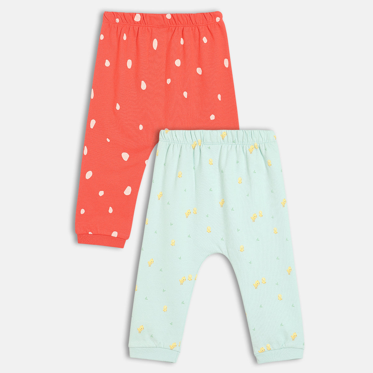 Girls Cotton Pack Of 2 Animal & Polka Dots Printed & Knit Bottoms - Coral & Mint Green