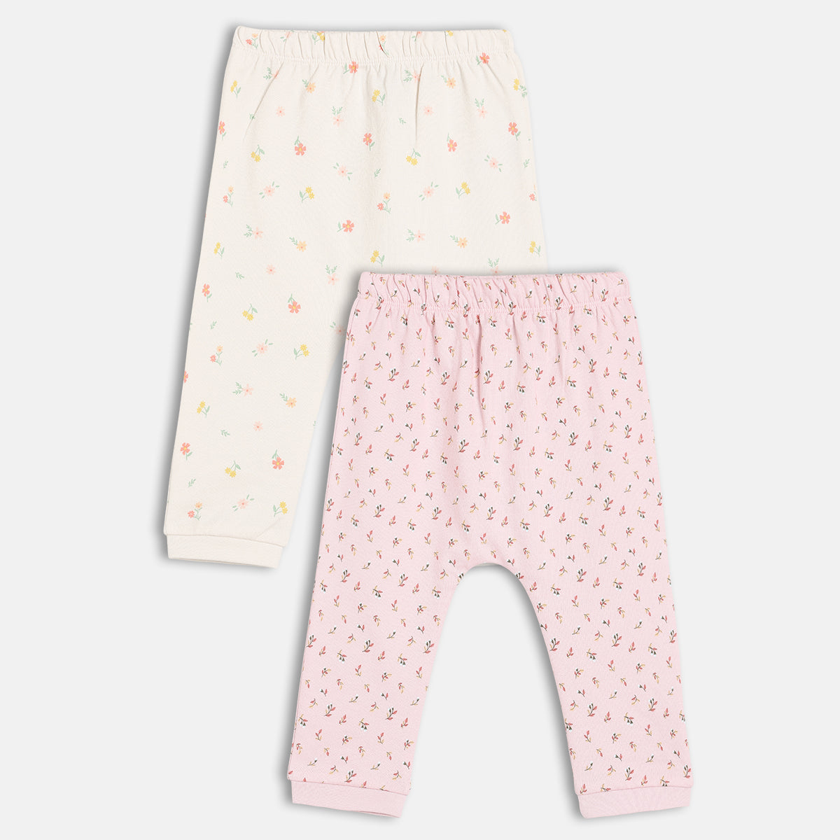 Girls Cotton Pack Of 2 Floral Printed Knit Bottoms - White & Pink