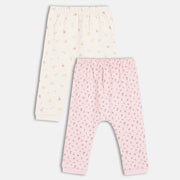 Girls Cotton Pack Of 2 Floral Printed Knit Bottoms - White & Pink