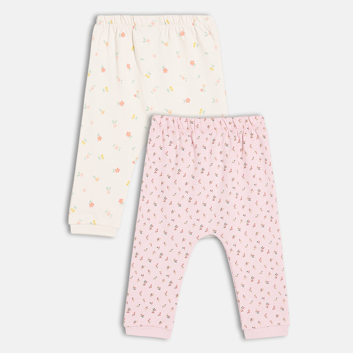 Girls Cotton Pack Of 2 Floral Printed Knit Bottoms - White & Pink