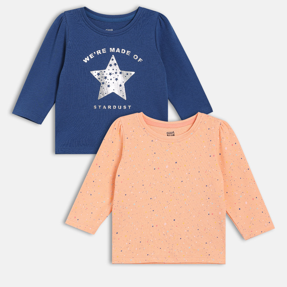 Girls Cotton Pack Of 2 Full Sleeves Text Printed Top - Blue & Peach