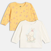 Girls Cotton Pack Of 2 Full Sleeves Animal Printed Knit Tops - Yellow & Off-White