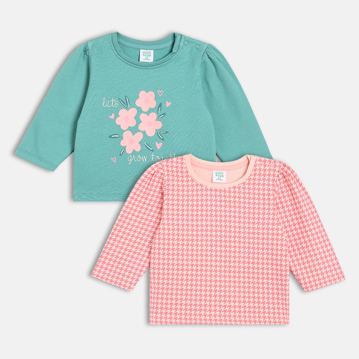 Girls Cotton Pack Of 2 Full Sleeves Geometric & Floral Printed Knit Tops -Teal Green & Pink