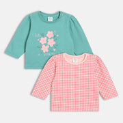 Girls Cotton Pack Of 2 Full Sleeves Geometric & Floral Printed Knit Tops -Teal Green & Pink