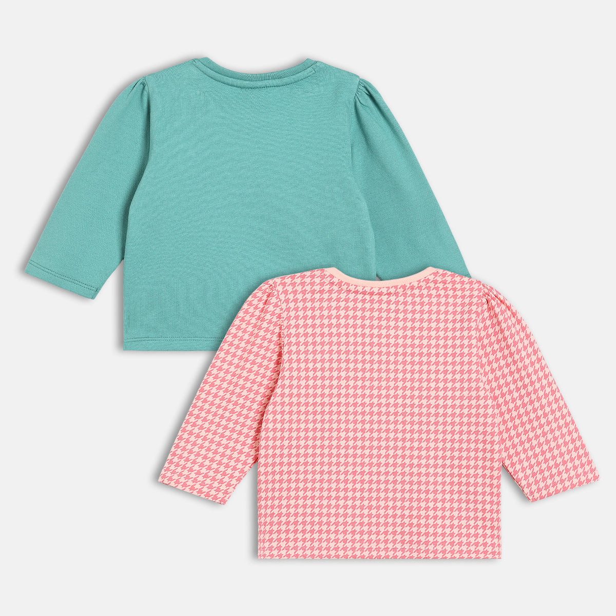 Girls Cotton Pack Of 2 Full Sleeves Geometric & Floral Printed Knit Tops -Teal Green & Pink