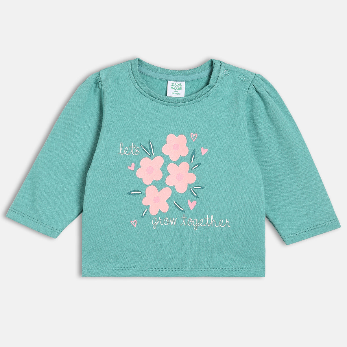 Girls Cotton Pack Of 2 Full Sleeves Geometric & Floral Printed Knit Tops -Teal Green & Pink