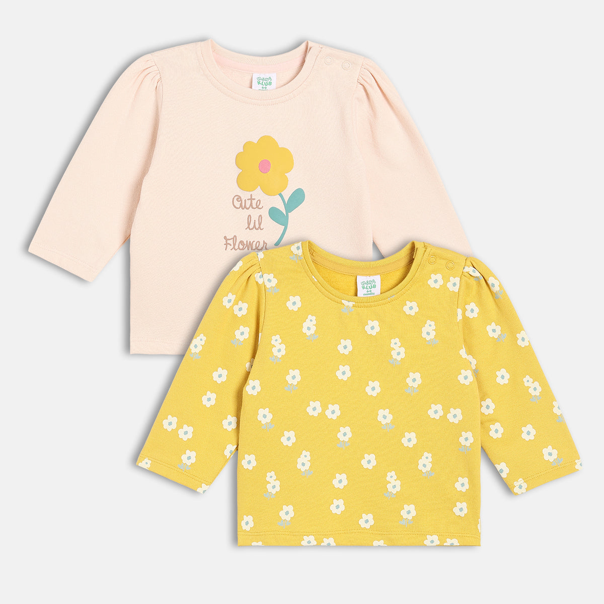 Girls Cotton Pack Of 2 Full Sleeves Floral Printed Knit Tops -Yellow & Pink