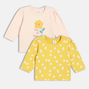 Girls Cotton Pack Of 2 Full Sleeves Floral Printed Knit Tops -Yellow & Pink
