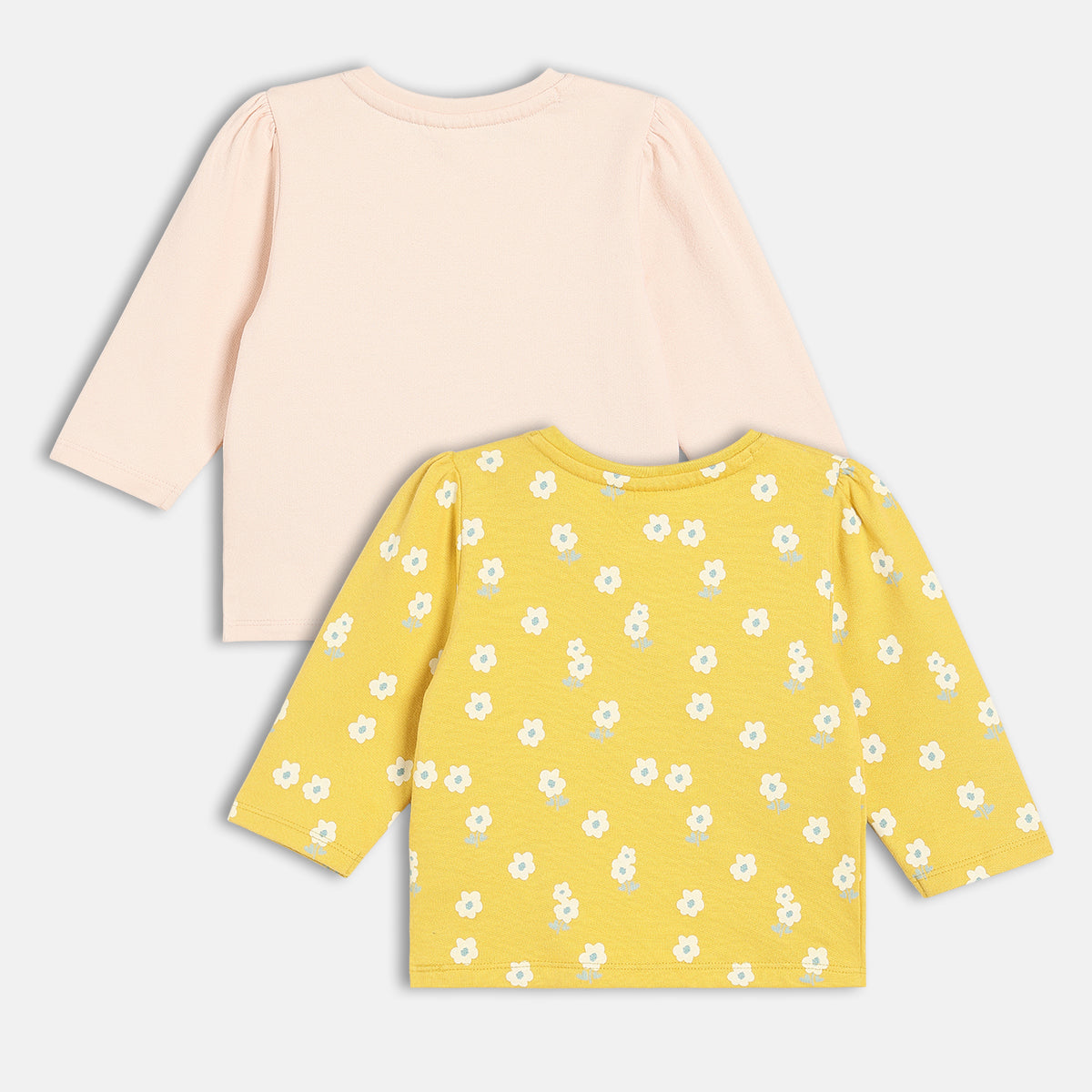 Girls Cotton Pack Of 2 Full Sleeves Floral Printed Knit Tops -Yellow & Pink