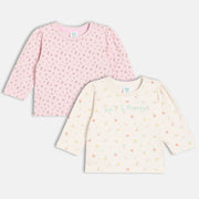Girls Cotton Pack Of 2 Full Sleeves Floral Printed Knit Tops - Pink & White