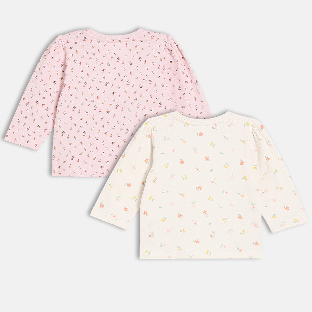 Girls Cotton Pack Of 2 Full Sleeves Floral Printed Knit Tops - Pink & White