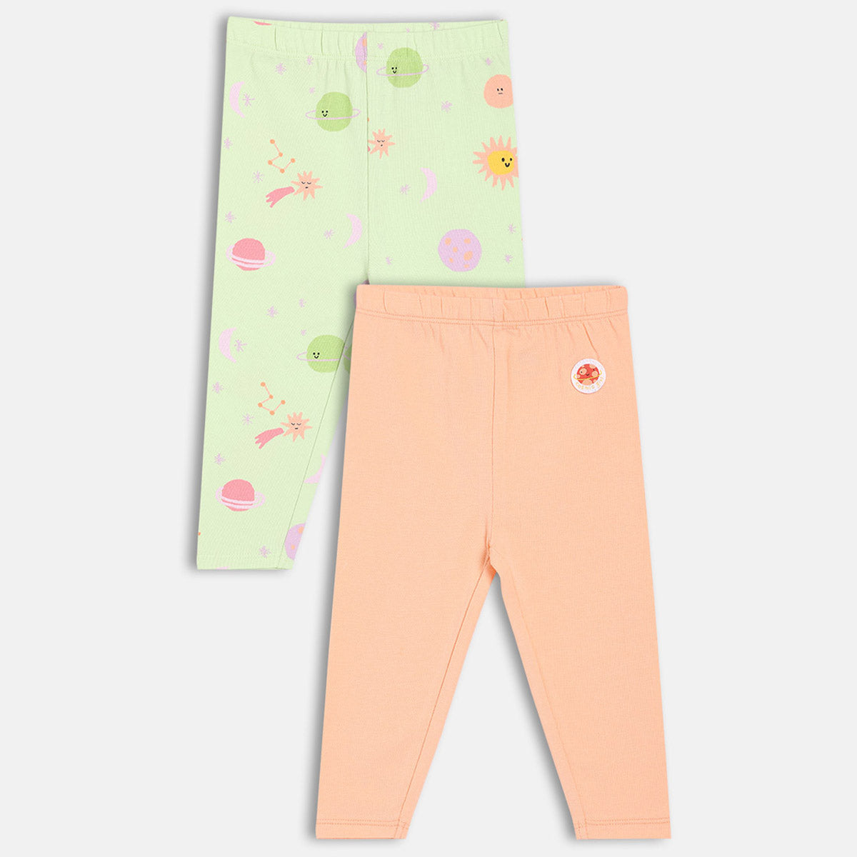 Girls Green/Peach Solid & Star Printed Leggings