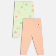 Girls Green/Peach Solid & Star Printed Leggings