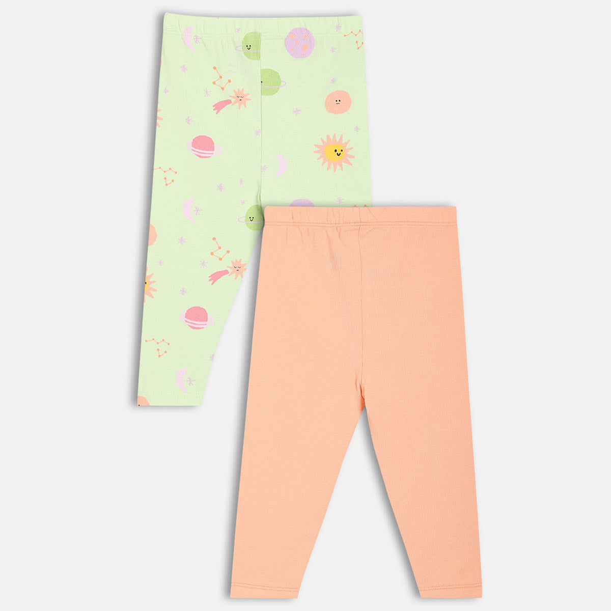 Girls Green/Peach Solid & Star Printed Leggings