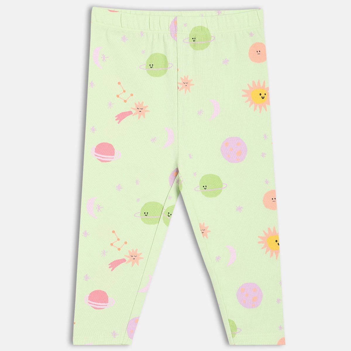 Girls Green/Peach Solid & Star Printed Leggings