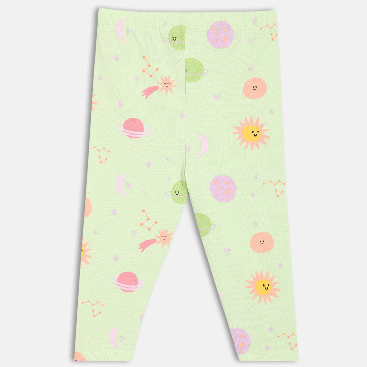 Girls Green/Peach Solid & Star Printed Leggings