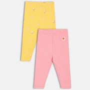 Girls Yellow/Pink Front Open Solid & Hot Balloon Printed Leggings