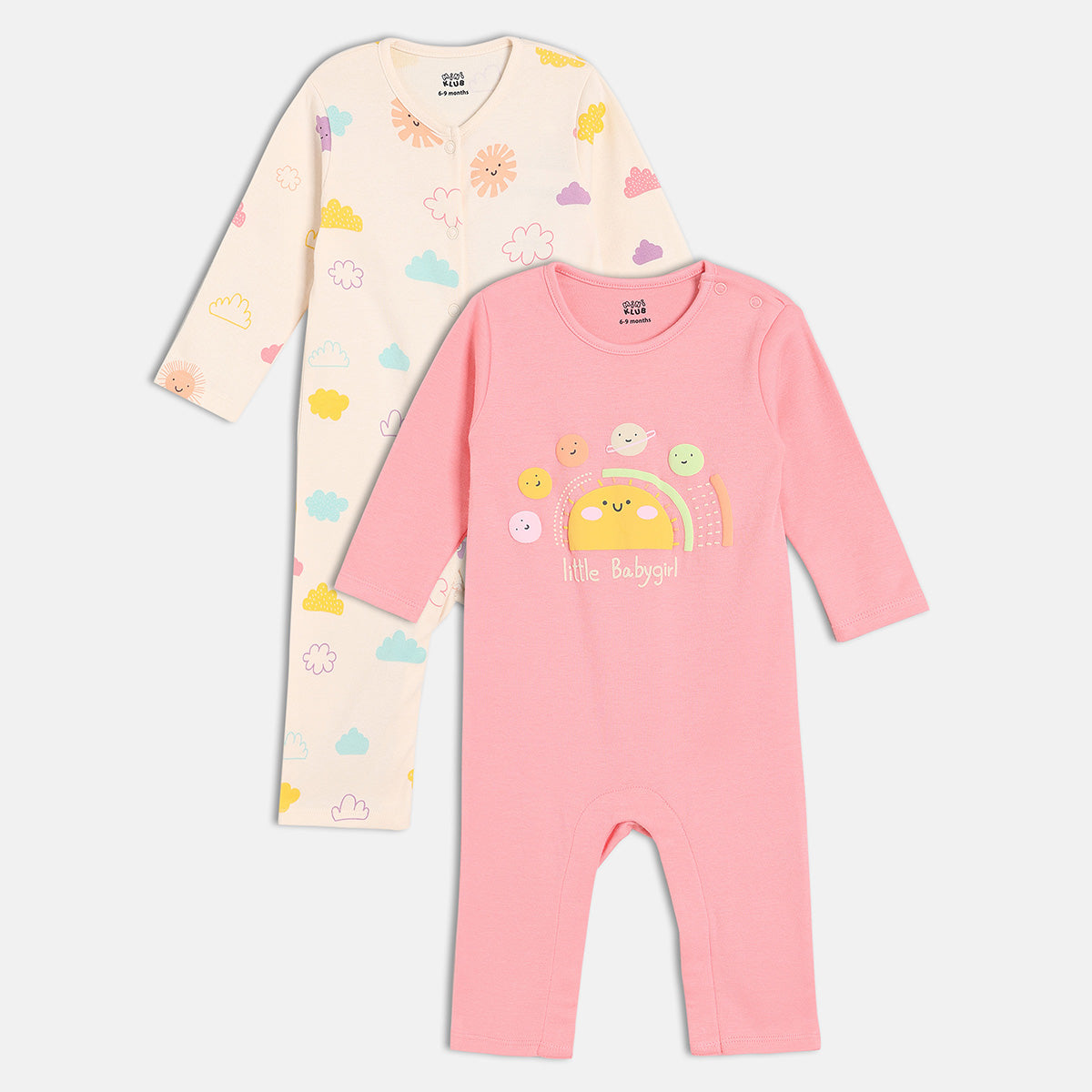 Girls Cotton Pack Of 2 Full Sleeves Clouds Printed Rompers - Multicolor