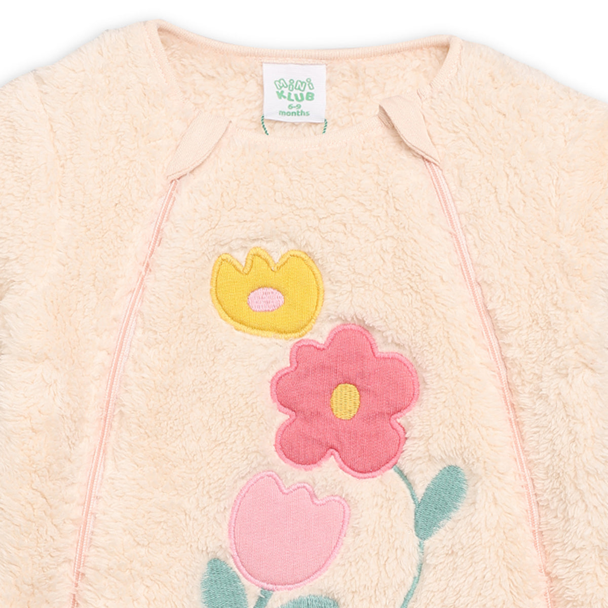 Girls Cotton Full Sleeves Floral Embroidered Romper - Pink