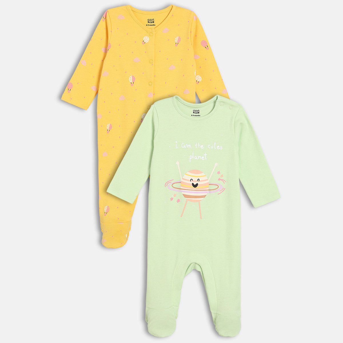 Girls Cotton Pack Of 2 Full Sleeves Typography & Hot Air Balloon Printed Sleepsuits - Green & Yellow