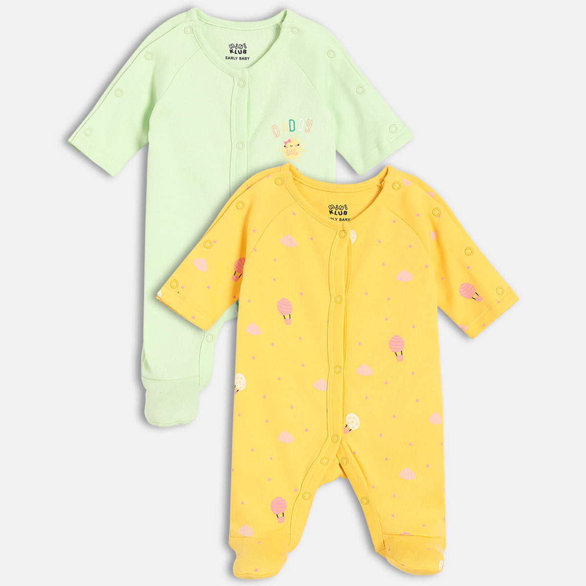 Girls Cotton Pack Of 2 Full Sleeves Typography & Hot Air Balloon Printed Sleepsuits - Green & Yellow