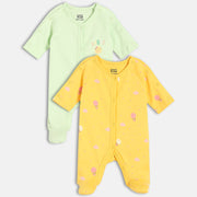 Girls Cotton Pack Of 2 Full Sleeves Typography & Hot Air Balloon Printed Sleepsuits - Green & Yellow